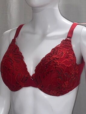 La Vie En Rose Red Lace Bra with Floral Overlay Sz 38B